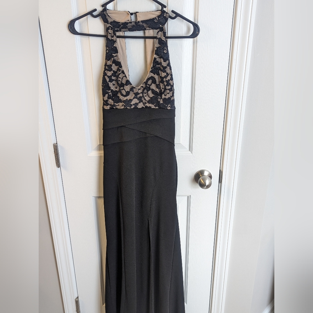 Slim fit high v neck low cut lace maxi thigh split formal backless bodycon Dress